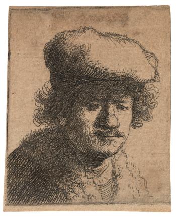 SelfPortrait with Cap pulled forward by 
																	Rembrandt Harmensz van Rijn