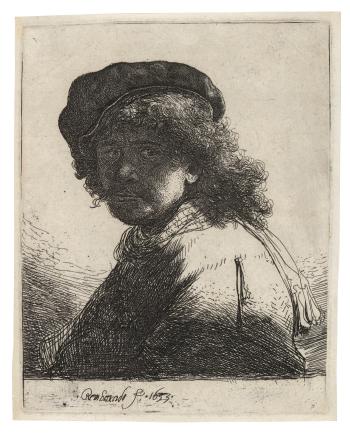 SelfPortrait in a Cap and Scarf with the Face dark: Bust by 
																	Rembrandt Harmensz van Rijn