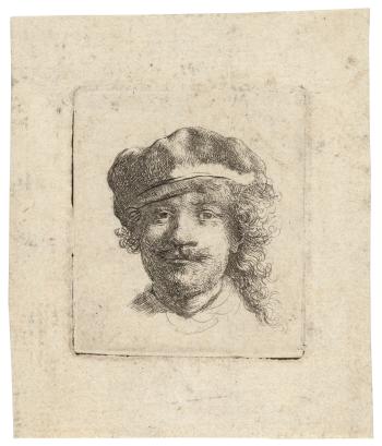 SelfPortrait wearing a soft Cap: full Face, Head only by 
																	Rembrandt Harmensz van Rijn