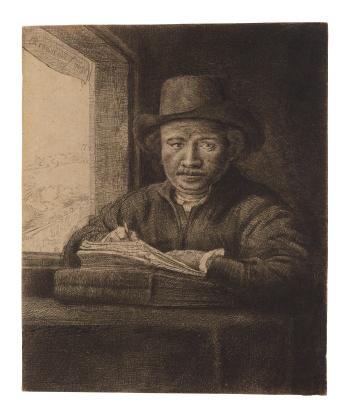 SelfPortrait etching at a Window by 
																	Rembrandt Harmensz van Rijn