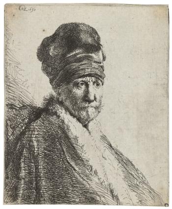 Bust of a Man wearing a high Cap, three quarters right: The Artist's Father () by 
																	Rembrandt Harmensz van Rijn