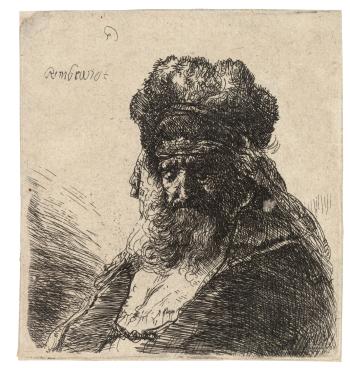 Bearded old Man in high Fur Cap, with Eyes closed by 
																	Rembrandt Harmensz van Rijn