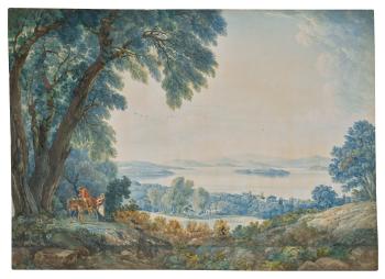 An extensive view with a lake outside Rome (possibly Lake Bolsena), with figures by 
																	Abraham Louis Rodolphe Ducros