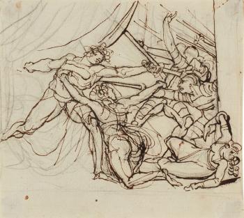 A naked warrior repelling soldiers at the entrance to a tent, one woman interceding, another collapsing, manacled to a post by 
																	Henry Fuseli