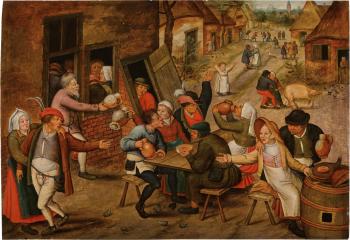 Peasants feasting and merrymaking in a village street by 
																	Pieter Brueghel
