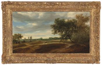 A wooded landscape with a herdsman on horseback driving his cattle and shepherds with their flock, a man walking his dogs in the dunes, a village with the ruins of Egmond Abbey beyond by 
																	Salomon van Ruysdael