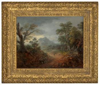 A wooded landscape with donkeys and figures on a path by 
																	Thomas Gainsborough