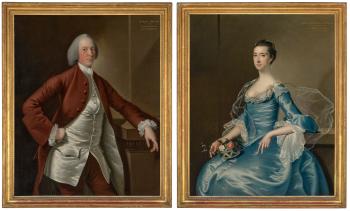 Portrait of Richard Ellison (), threequarterlength, in a claret coat; and Portrait of Esther Ellison, ne Walker (), threequarterlength, in a blue dress by 
																	Joseph Wright of Derby