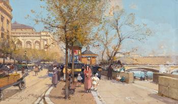 A stroll by the Seine by 
																	Eugene Galien-Laloue