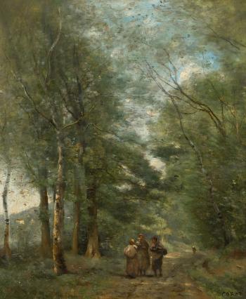 Ville d'Avray.Paysans causant sur le chemin longeant L'tang by 
																	Jean Baptiste Camille Corot