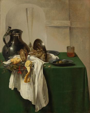 Pewter jug and silver tazza on a table by 
																	Jan Jansz den Uyl