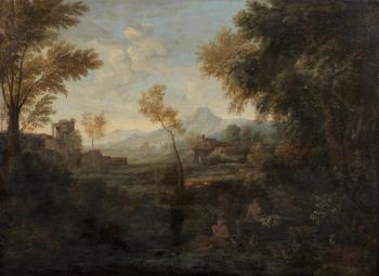An extensive classical landscape with fishermen on the banks of a river by 
																	Gaspard Dughet