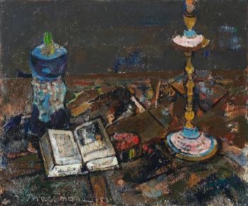 Still life with candlestick and book by 
																	Joseph Pressmane