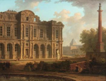 An architectural capriccio with the Louvre Palace in ruins by 
																	Pierre Henri de Valenciennes