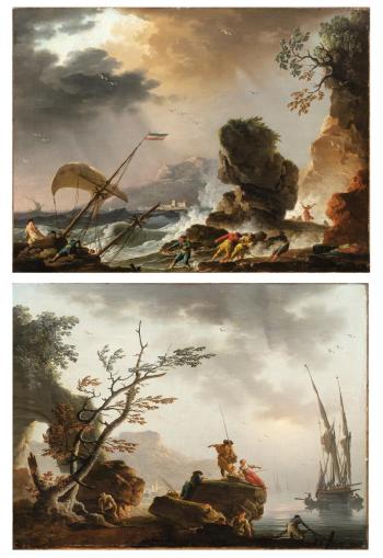 Fishermen at Sunrise; A Storm by 
																	Charles Francois Grenier de Lacroix de Marseille
