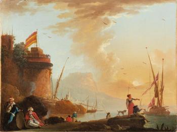 A port at sunset by 
																	Charles Francois Grenier de Lacroix de Marseille