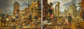 Allegory of Water: fish sellers on a quayside; Allegory of Air: bird and poultry sellers in a marketplace by 
																	Sebastian Vrancx