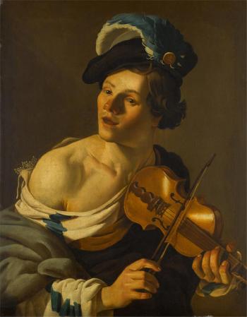 A young man playing the violin by 
																	Dirck van Baburen