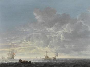 A herring fleet with a mano'war offshore in a light chop and gentle breeze by 
																	Simon de Vlieger