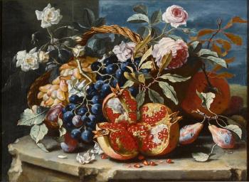 Still life with a pomegranate and grapes, with roses and other fruits in a basket, all on a stone ledge by 
																	Alice Berger Hammerschlag