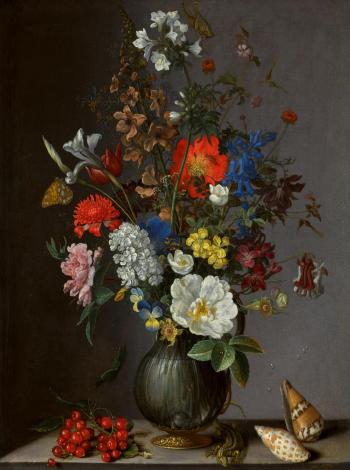 Flowers in a vase on a stone ledge, with redcurrants and shells by 
																	Balthasar van der Ast