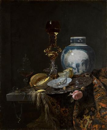 Still life with a Chinese ginger jar, silver, objects of vertu, a cut melon, bread, a paper packet in a porcelain bowl, and a pink rose, all on a table draped with a Persian carpet by 
																	Willem Kalf