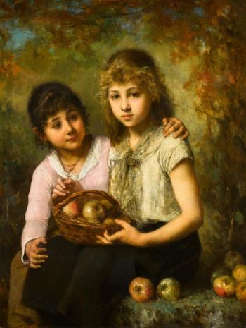 Two Girls with a Basket of Apples by 
																	Alexis Harlamoff