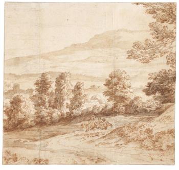 Landscape with travellers resting before a village, probably in England by 
																	Jacob Esselens