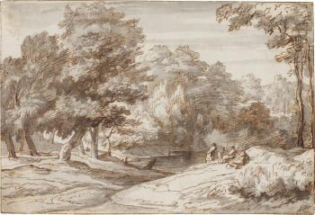 Figures resting in a wooded landscape by 
																	Jacob Esselens