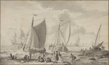 Two coastal scenes with shipping by 
																	Dirck Jacobsz van Amsterdam