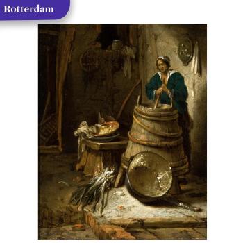Barn interior with a woman churning butter by 
																	Willem Kalf