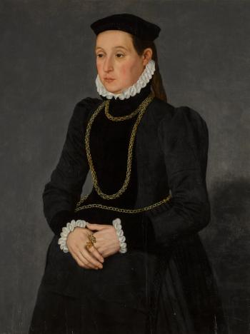 Portrait of a lady, possibly Margaretha Mertha, wife of Hendrik Pilgram, threequarter length, wearing black with gold chains by 
																	Nicolas Neufchatel