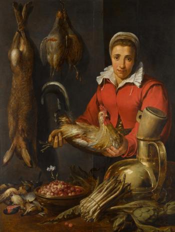 A female merchant holding a cockerel, with game, asparagus, artichokes, utensils and a bowl of wild strawberries by 
																	Frans Snyders