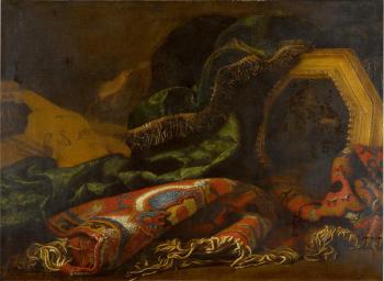 Still life with carpets, a painting of a putto, and a violin by 
																	Francesco Noletti