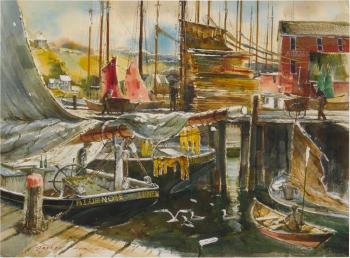 Wharf Scene, Adams and Knickles on the Lunenburg Waterfront by 
																	Joseph Douglas Purcell