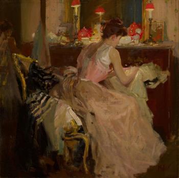 Sewing by Lamplight by 
																	Richard E Miller
