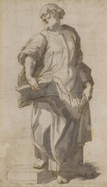 Study of an Evangelist, standing with an open book supported on his right knee by 
																	Giovanni Battista Trotti