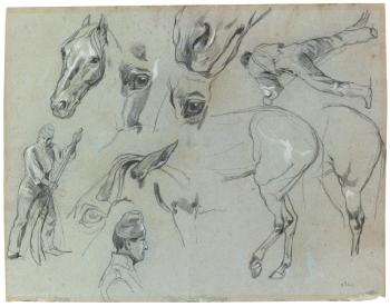 Recto and Verso: Studies of horses and a groom by 
																	Francois Hippolyte Lalaisse