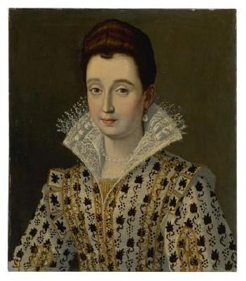 Portrait of a woman, bustlength, in an elaborate costume by 
																	Scipione Pulzone