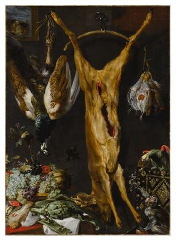 Still life of artichokes, grapes and a melon in a basket, a hung peacock, roebuck and grouse, together with a parrot and a monkey, a cat jumping through a window beyond by 
																	Frans Snyders