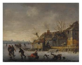 Winter landscape with skaters by 
																	Salomon van Ruysdael