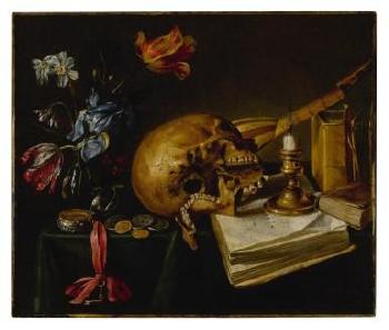 A still life with a skull, a music book, a snuffedout candle, a bouquet of dying flowers and other vanitas objects on a table by 
																	Simon Renard de Saint-Andre