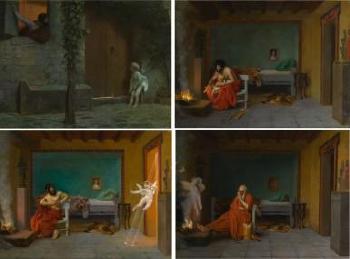 The Story of Anacreon (Four Works): Cupid at the Door in a Rainstorm; Young Love's Shivering Limbs the Embers Warm; Cupid Runs out the Door; The Poet Dreams of Cupid by the Fire by 
																	Jean Leon Gerome