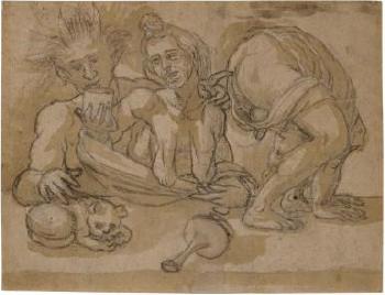 Recto: Study for an illustration of a popular proverb Verso: A corpse being dragged in the street of a city, the transportation of the body of St. Christopher by 
																	Amico Aspertini