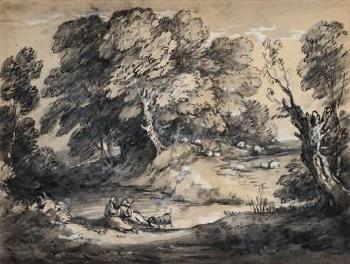 Wooded Landscape with Cattle and Sheep at a Watering Place, and Rustic lovers by 
																	Thomas Gainsborough