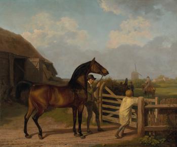 Bay Ascham, a stallion, led through a gate to a mare by 
																	Jacques Laurent Agasse