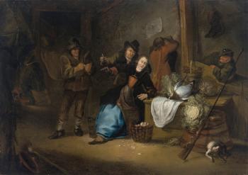 A rustic interior with a seated woman and other figures making merry by 
																	Gerrit Lundens