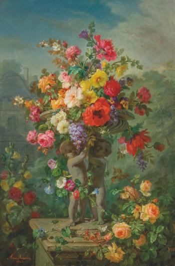 Roses, Poppies, Hollyhocks, Pansies and Wisteria in a stone urn supported by putti on a plinth by 
																	Marius Vasselon