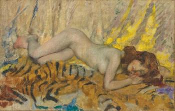 Nude on a tiger skin by 
																	James Jebusa Shannon