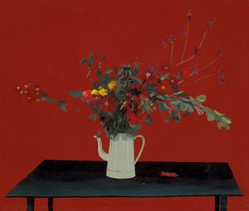 Still life with flowers in a jug, on a table top by 
																	Patrick Procktor
